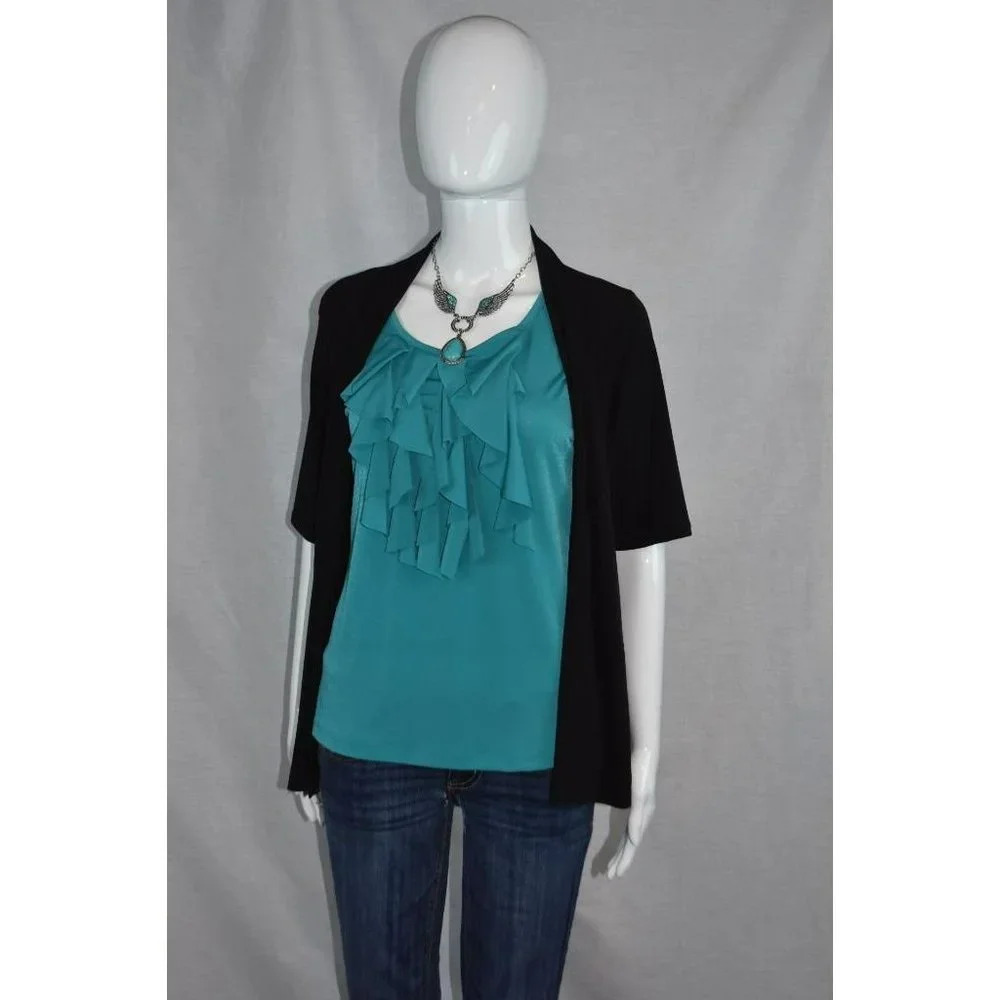 Harve Benard sz M Turquoise Cascading Ruffle Blouse with Attached Black Jacket